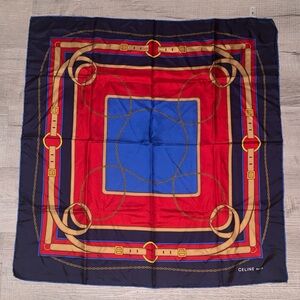 Céline 
Blue & Red, Gold Chain Silk Extra Large Square Scarf